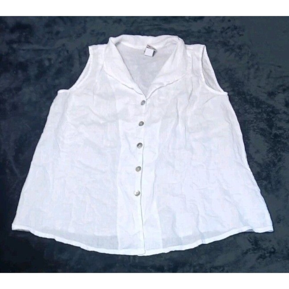 Match Point USA 100% Linen Sleeveless Button Tunic Blouse L White Coadtal Beachy